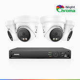 NightChroma<sup>TM</sup> NBRK800 - 4K 8 Channel 4 Cameras Outdoor PoE Security System, Red Blue Flashing Lights & Siren, 3840*2160, Acme Color & IR Night Vision, Human & Vehicle Detection, Two-Way Audio, IP67 Weatherproof, All-Metal Housing